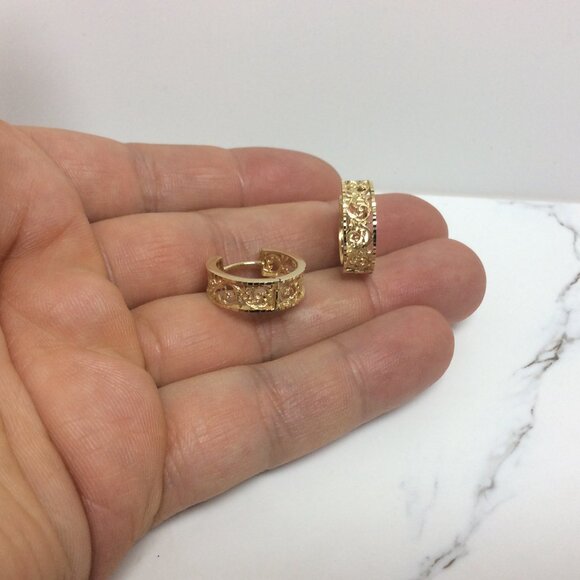 14K YELLOW REAL GOLD Hoop Huggies CLIP ON Filigree Earrings 4.10gr - Picture 4 of 7